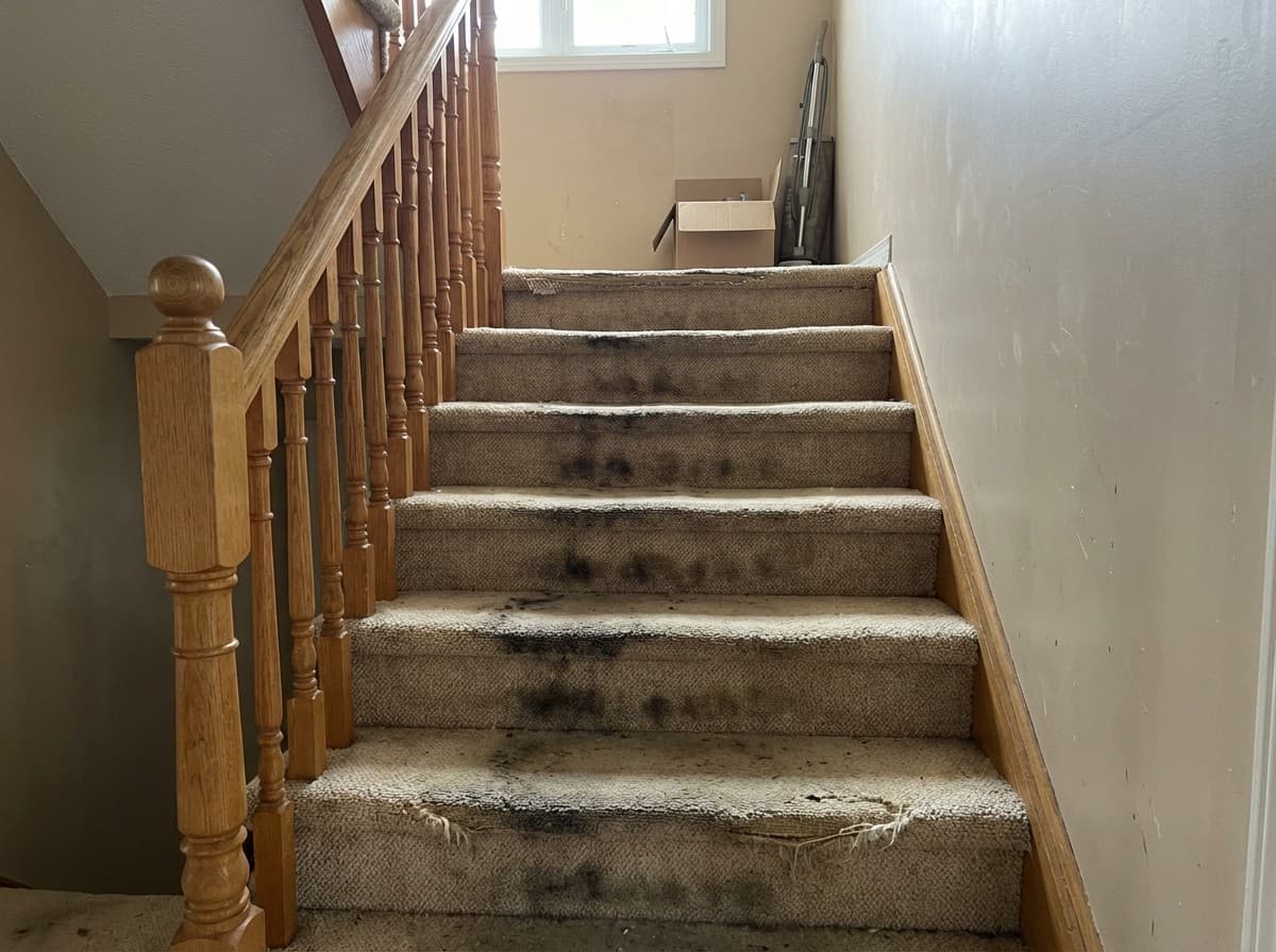 Before: Worn beige carpet on stairs