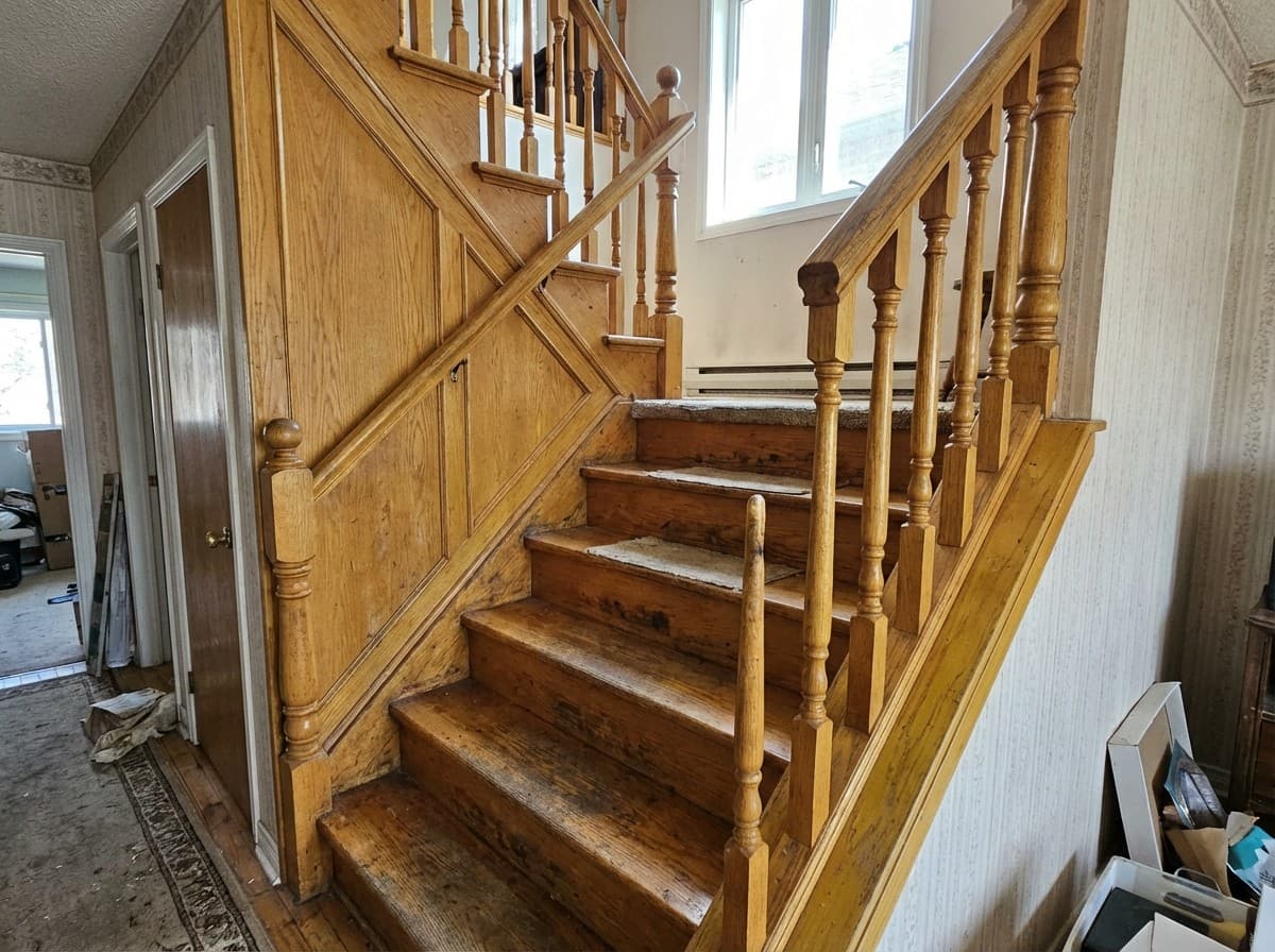 Before: Dated oak spindles and railing