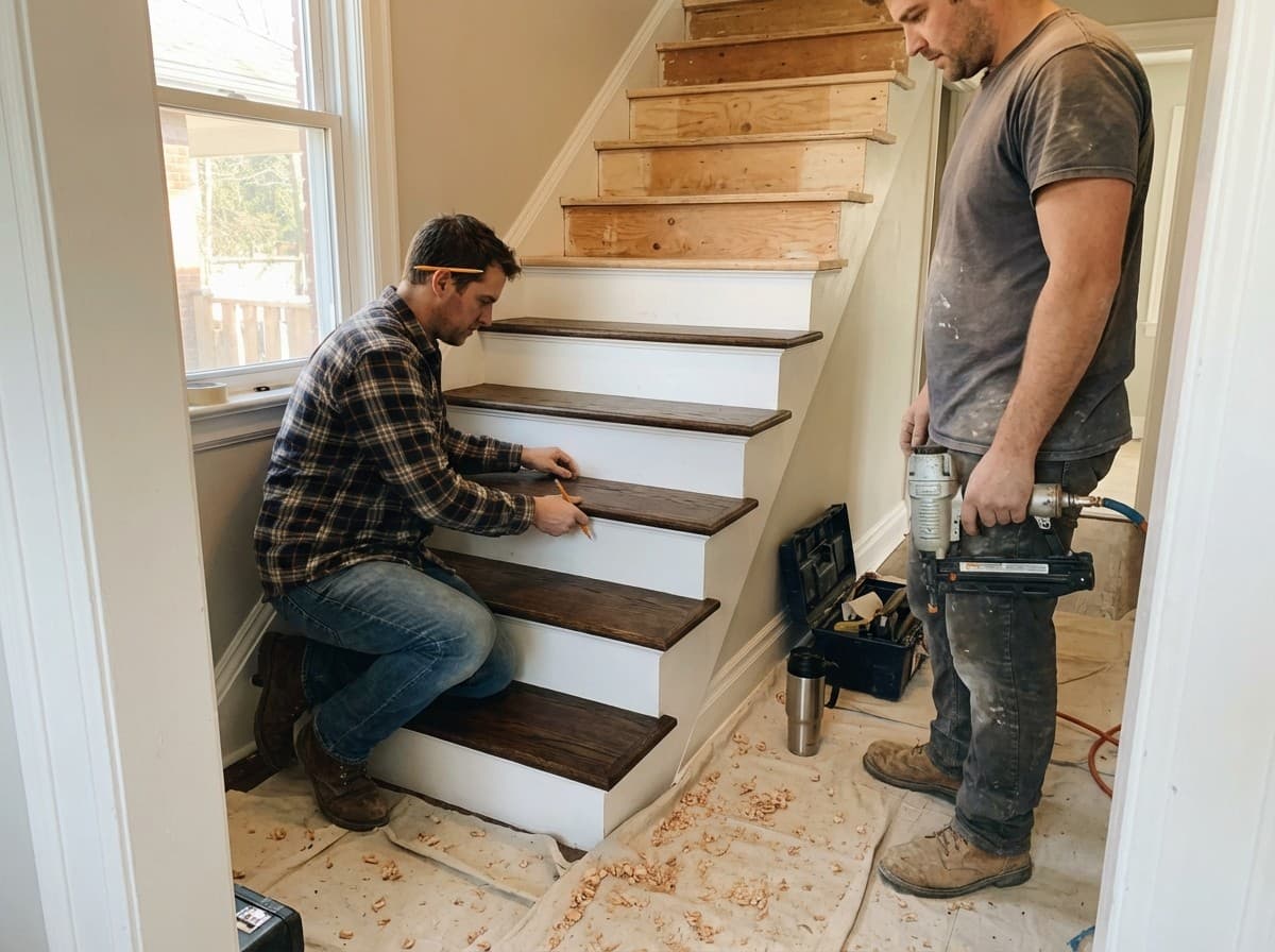 RenewStairs team installing hardwood stair treads